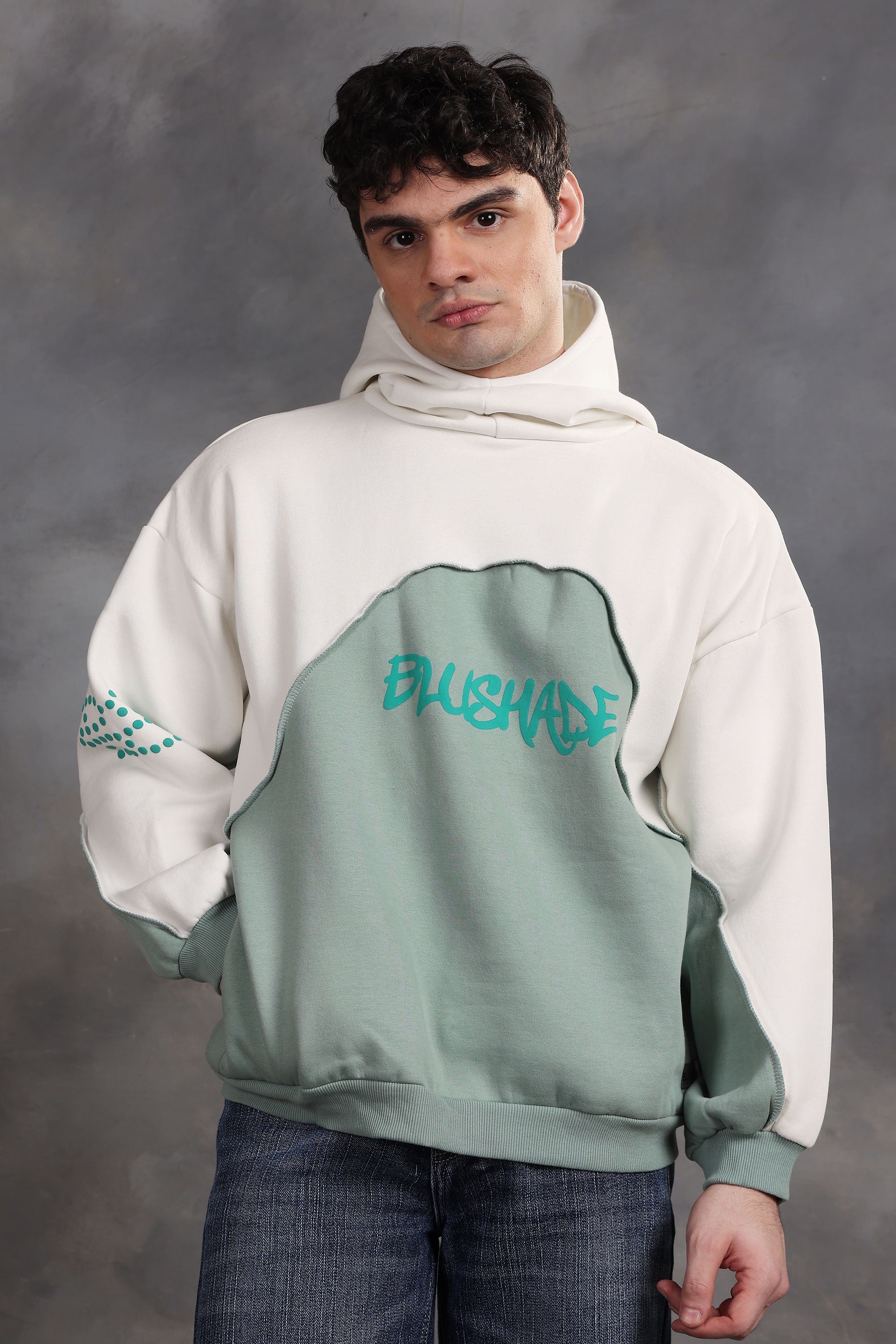 Blushade White & Green Oversized Hoodie