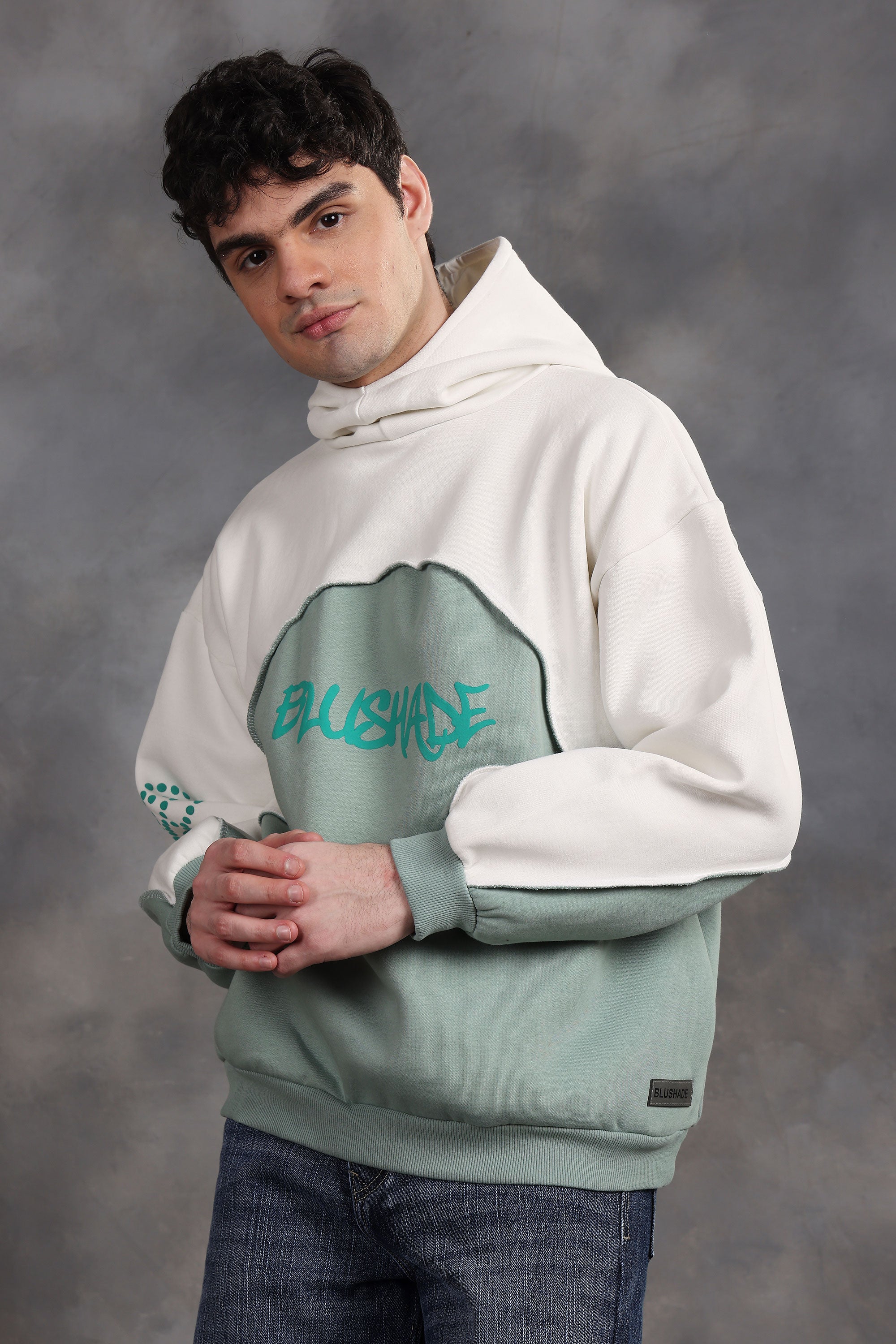 Blushade White & Green Oversized Hoodie