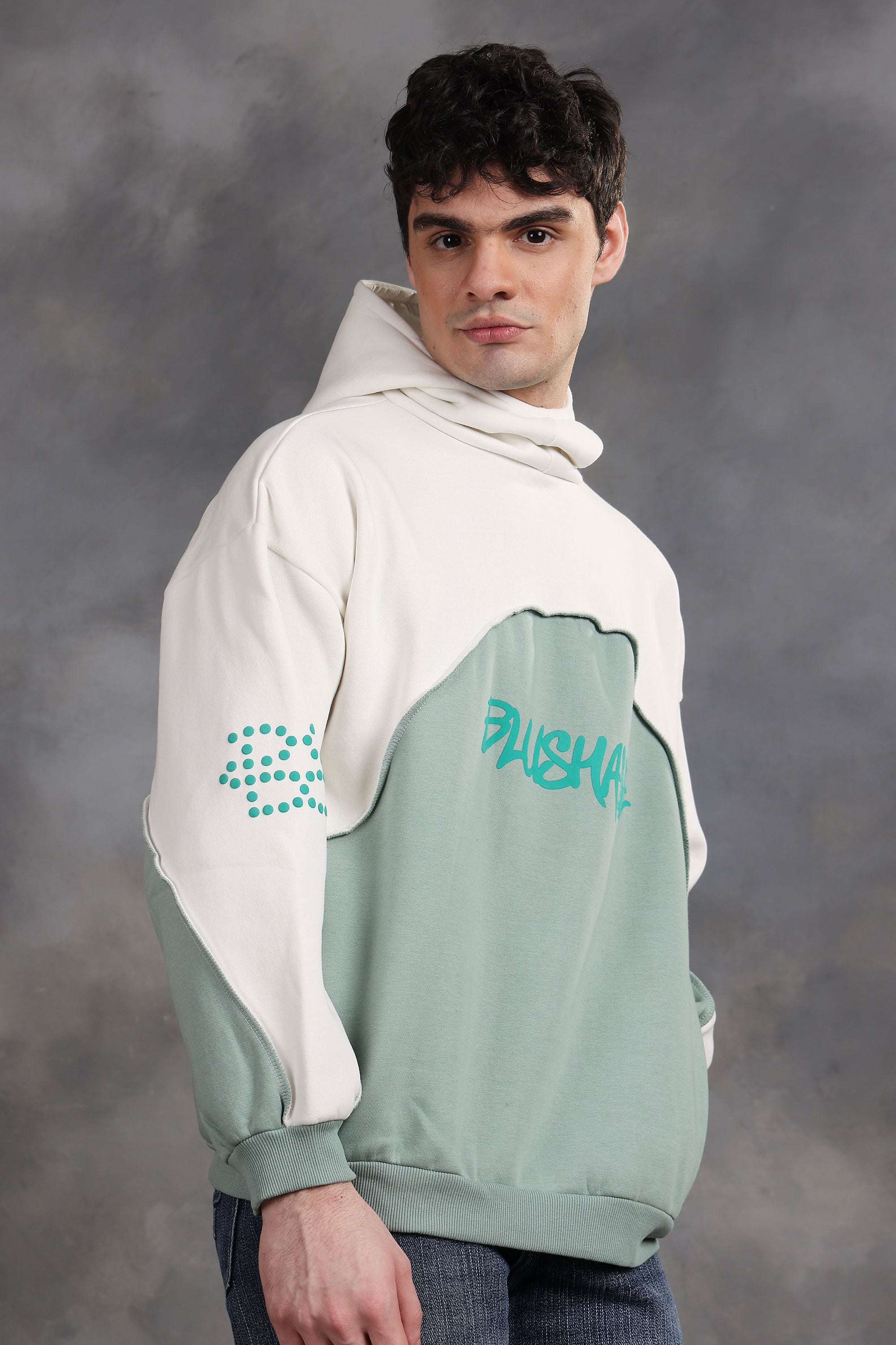 Blushade White & Green Oversized Hoodie